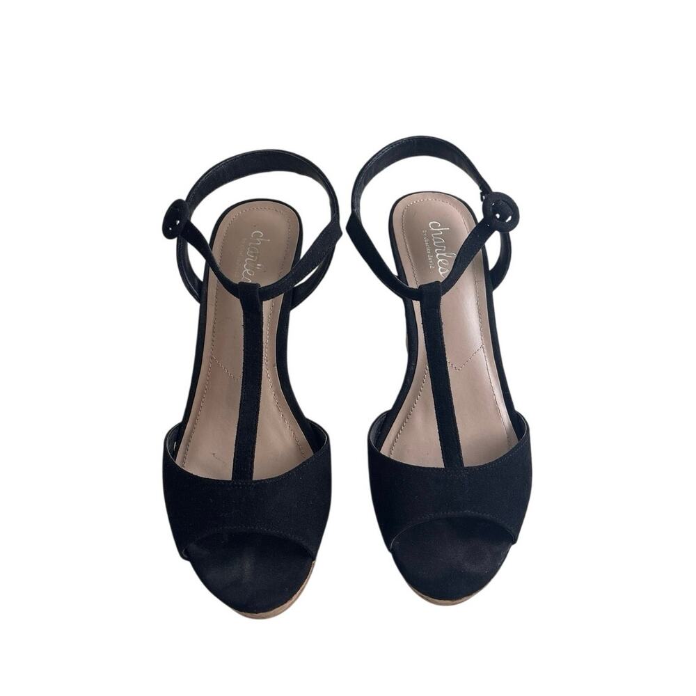 Charles by Charles David Black Cork Wedge Sandals T-Strap Size 8.5